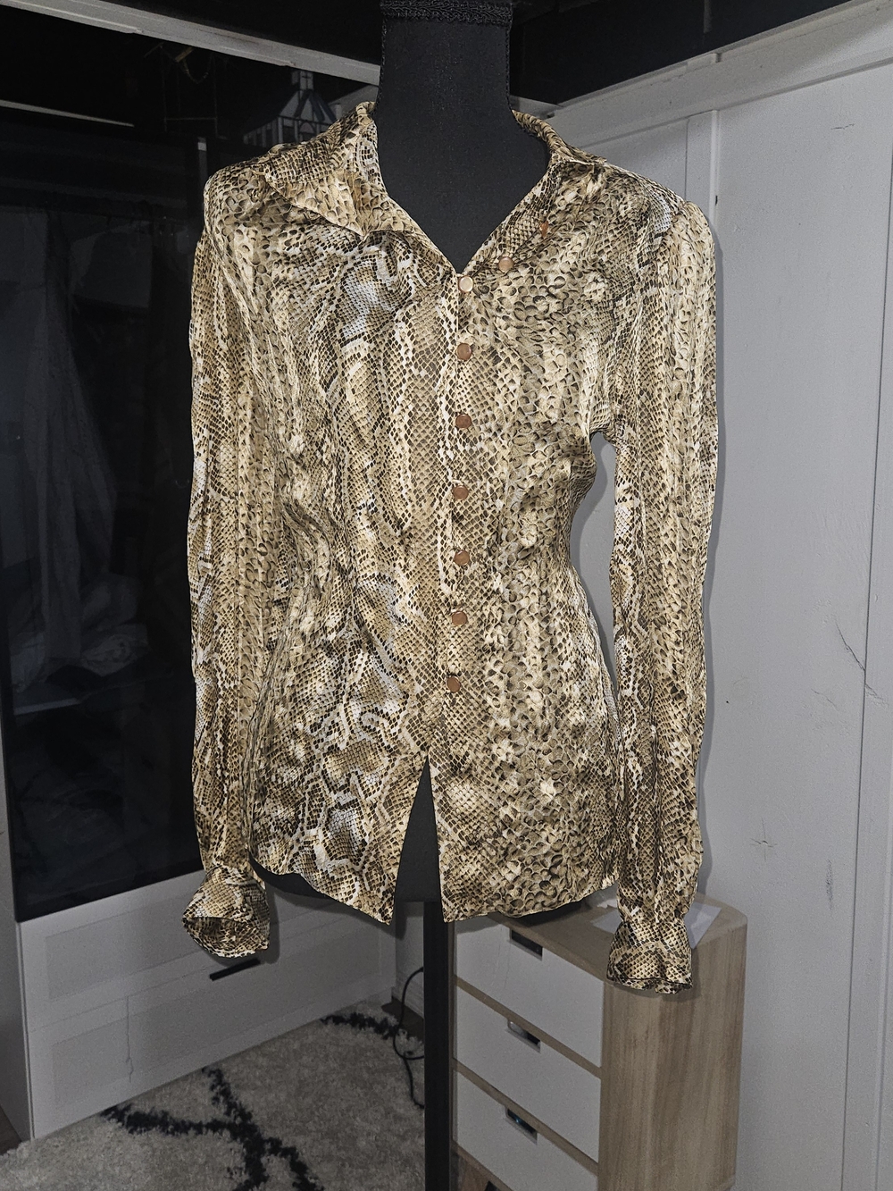 Adrianna Papell 100% Silk Beige Brown Snake Print Button-Up Blouse